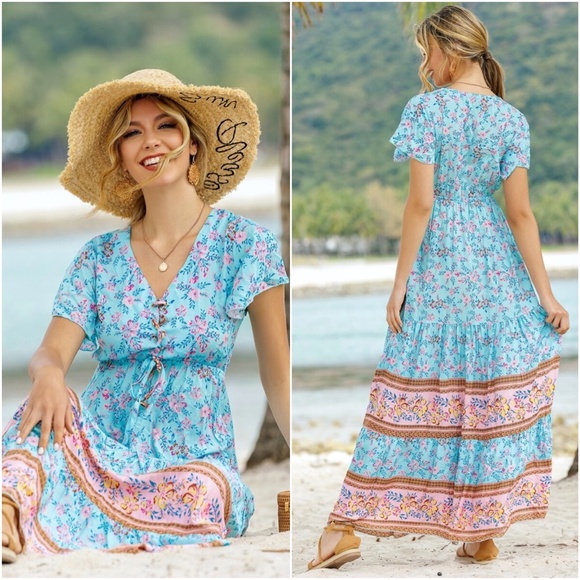 Boho Floral v neck lace up Maxi Dress yellow - Picture 5 of 7